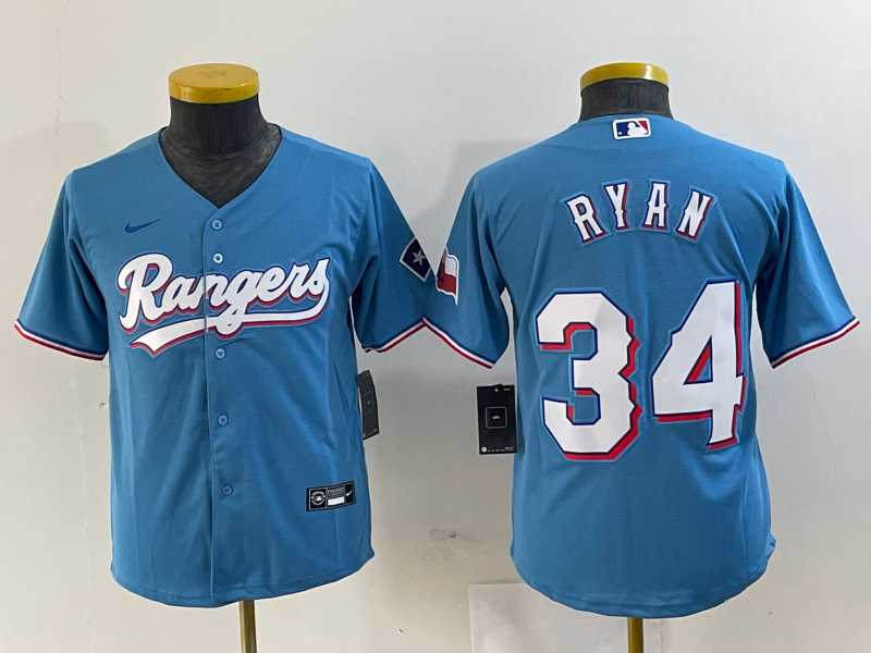Youth Texas Rangers #34 Nolan Ryan Light Blue Team Logo Cool Base Jersey->mlb youth jerseys->MLB Jersey